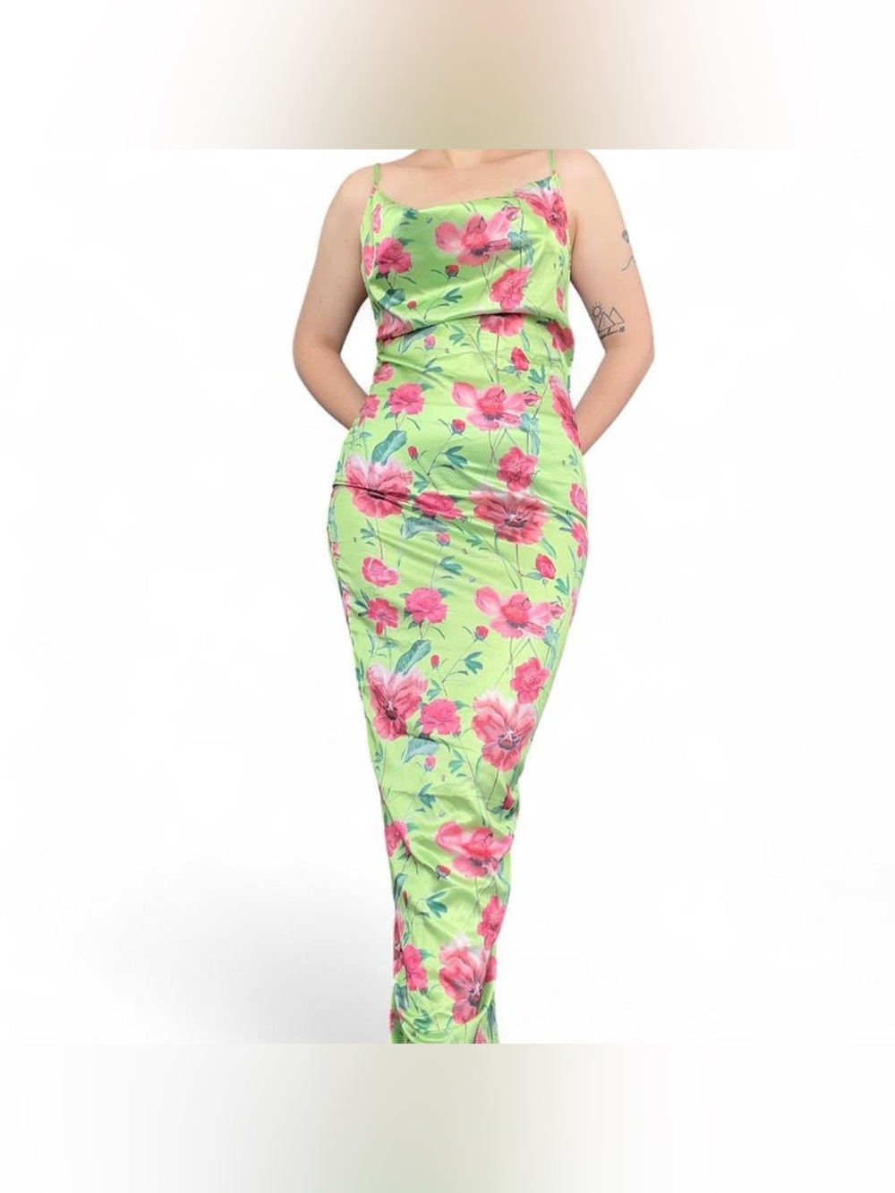 Floral Slip Maxi Dress in Green and Pink